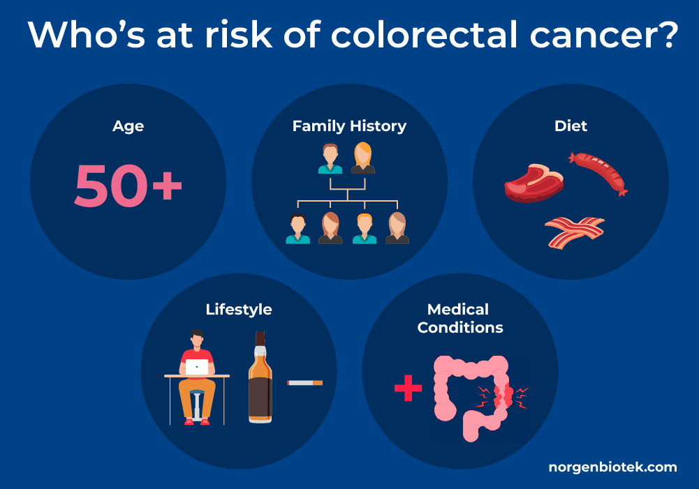 Graphic showing colorectal cancer risk factors: age 50+, family history of colorectal cancer, a diet high in red and processed meats, unhealthy lifestyle habits like smoking and alcohol consumption, and chronic medical conditions like Crohn's disease.